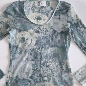 90s sheer mesh long sleeved blue floral top